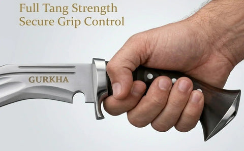 Hand holding Iraqi Style Kukri Knife With An 8 Inch Blade, Hand Forged In Nepal, 5160 Carbon Steel, Full Tang Fixed Blade With Guard.