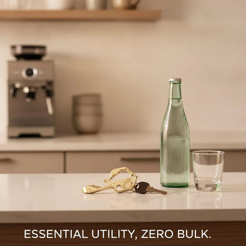 Compact Keychain Multitool for Quick On-The-Go Adjustments on counter next to bottle and glass