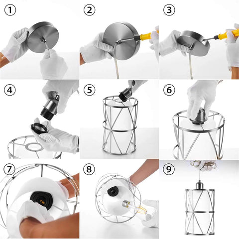 Assembly steps for Totally Sleek Modern Mini Pendant Light In Brushed Nickel With Frosted Glass Shade 1 Light Adjustable Cylinder Pendant.