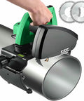 Automatic Pipe Cutter Featuring Five Speed Settings And Two Replacement Blades For Swift Burr Free Slicing On Copper Pvc Steel Tubes Up To Four Hundred Millimeters held by a hand on a steel pipe.