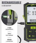 Dual Laser Distance Meter With 393 Ft Range Rechargeable Measure Tool showing Type-C charging port and screen