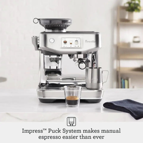 Absolute Game Changing Slick Espresso Machine In Damson Blue With Auto Milk Steaming Precision Tamping And Cold Brew Function For Smooth Latte Art And Major Home Cafe Vibes Touchscreen Daily on a countertop.