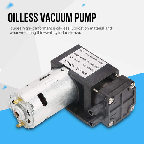 Mini Oil Free Vacuum Pump 24V DC -85 KPa Vacuum 40 Lpm Flow Oilless Design black and silver unit with labels