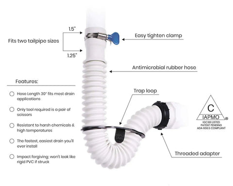 Flexible Rubber P Trap Sink Drain Kit One And One Half Inch Easy Misaligned Drain Fix It That Will Not Leak When Bumped