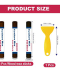 Three Shades Of Brown Wood Filler Sticks Kit For Fast DIY Furniture Repair Easy Rub And Buff Wax Putty with tool dimensions.