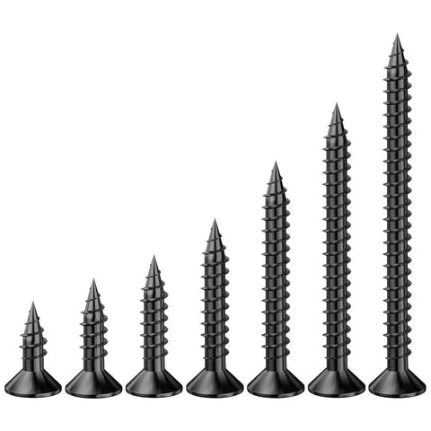 Assorted black screws from 385 Pcs Flat Head Yellow Zinc Wood Screws Self Tapping With Drywall Anchor Kit in various sizes