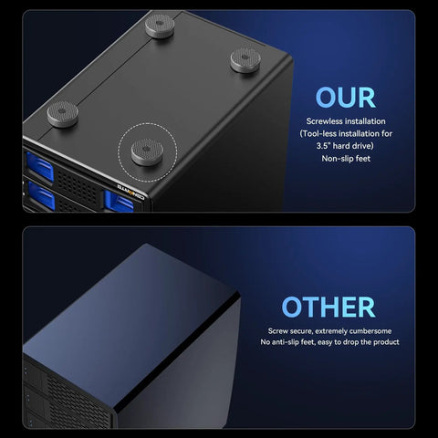 Top view of Killer Eight Bay Aluminum Hard Drive Enclosure With Badass Cooling Fan showing non-slip feet and USB ports.