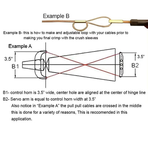 Diagram showing Beefed Up Carbon Fiber Servo Arm Push Pull Rod Rudder Control Kit for RC planes, with cable adjustments and dimensions.