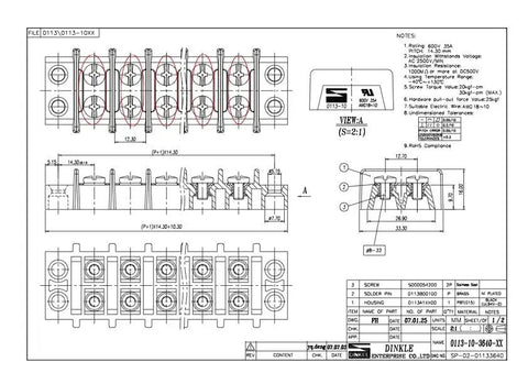 Diagram of Heavy Duty Marine 12 Gang Bus Bar With Premium Nickel Plated Brass Terminals Rated At 35 Amps and 600 Volts.