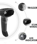 DS2208 Series Handheld Corded Standard Range Imager Kit With Shielded USB Cable Black for 1D and 2D Barcodes showing trigger, scan window, LED indicator.