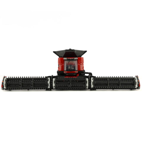 Front view of 1/64 Scale Case IH Axial-Flow AF11 Combine With Draper Head And 16 Row Corn Head MacDon FD250, diecast model.