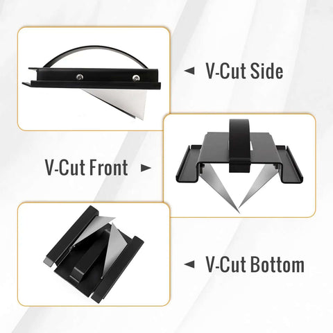 2 Inch V Cut Duct Board Tool For HVAC Foldable Joint Duct Sheet Cutter shown from side, front, and bottom views
