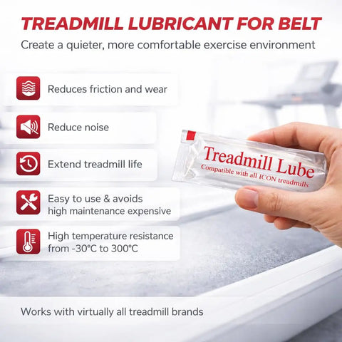 Hand holding silicone treadmill lubricant for belt, easy apply formula, keeps ICON treadmills running smooth and quiet, 0.5 oz pack