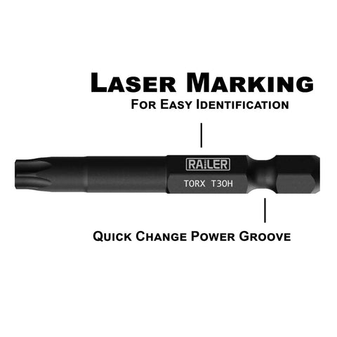 Laser marked T30H bit of Security TORX Bit Set For Impact Drivers, 2 Inch S2 Steel Bits With Manganese Phosphate Coating.