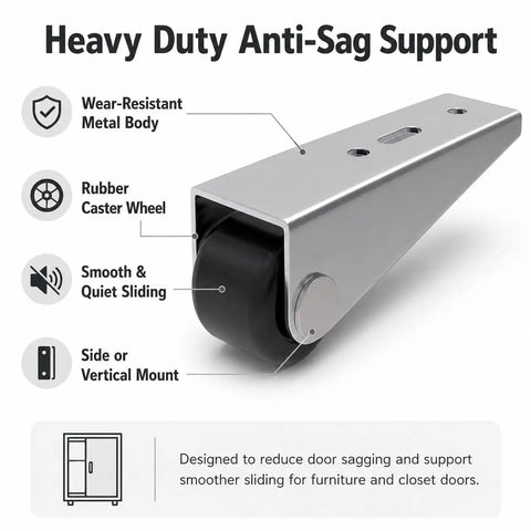 Heavy Duty Vertical Track Roller Wheels For Sliding Closet Doors With Slick Rubber Casters Built Tough To Banish Drag And Sag Fast Upgrade Hardware For Wardrobes And Cabinets showing metal body with rubber caster wheel.