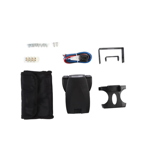 Front view of universal electric trailer brake controller kit with mounting bracket, wiring harness, screws, and pouch