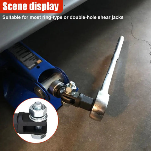 Heavy Duty Scissor Jack Drill Adapter For Vehicles boosting tire swapping efficiency on a blue scissor jack.