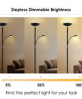 Three stages of brightness shown on a dimmable LED floor lamp with 20W main light and 5W reading lamp for living room use