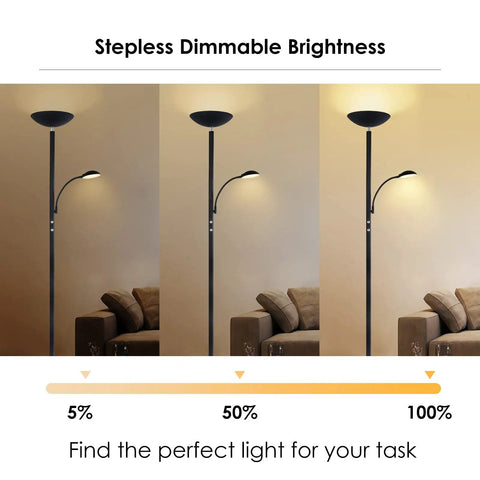 Three stages of brightness shown on a dimmable LED floor lamp with 20W main light and 5W reading lamp for living room use