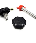 Top Shelf 3/8 Inch Thumb Screws With Ergonomic Round Hex Clamping Knobs 304 Stainless Steel Rust Resistant Bolt Caps For Woodworking Jigs No Sweat Hand Tightening 8 Piece Black displayed with black and red knobs.