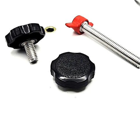 Top Shelf 3/8 Inch Thumb Screws With Ergonomic Round Hex Clamping Knobs 304 Stainless Steel Rust Resistant Bolt Caps For Woodworking Jigs No Sweat Hand Tightening 8 Piece Black displayed with black and red knobs.