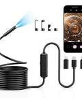 Endoscope Camera With Light 1920P HD Borescope for Tight Spaces shown with cable, phone display, and accessories