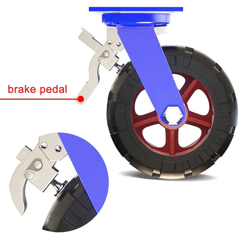 Tough As Nails Heavy Duty Industrial Caster Wheels 4 Pack with brake pedal, solid rubber wheels and steel bracket design.
