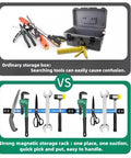 Comparison of ordinary tool storage box versus 12 Inch Magnetic Tool Strip 4 Pack For Garage And Kitchen Organization, mounted tools.