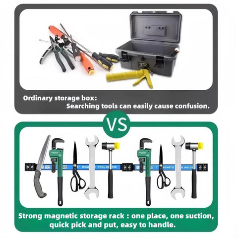 Comparison of ordinary tool storage box versus 12 Inch Magnetic Tool Strip 4 Pack For Garage And Kitchen Organization, mounted tools.