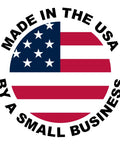 Circular graphic with text 'Made in the USA by a Small Business' surrounding a stylized American flag design.