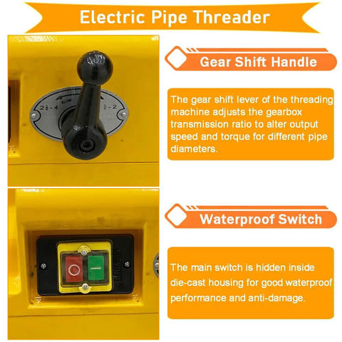 Top Shelf 220 Volt Electric Pipe Threader And Cutter Machine Featuring Kickass Bspt And Npt Die Sets gear shift lever and waterproof switch