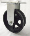 Super Smooth Rolling 6 Inch Steel Caster Wheels Set Of Four With 7/8-Inch V Groove Guide, showing a black steel wheel with a silver mount.