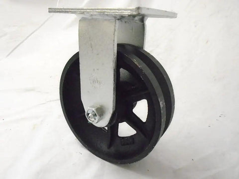 Super Smooth Rolling 6 Inch Steel Caster Wheels Set Of Four With 7/8-Inch V Groove Guide, showing a black steel wheel with a silver mount.