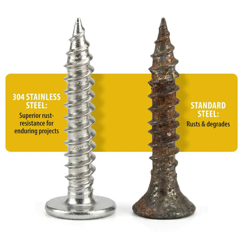 Comparison of Number 8 By 1 Inch Stainless Steel Beefy Wood Screws With Phillips Drive And Modified Truss Head to standard steel.