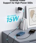 External power adapter connected to a heavy duty dual bay nvme enclosure, supporting high-power SSDs up to 15W.