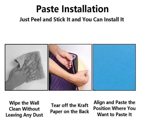 Paste installation steps for Killer Acoustic Foam Sound Dampening Panels With Classic Egg Crate Shape 7cm Thick Peel And Stick.