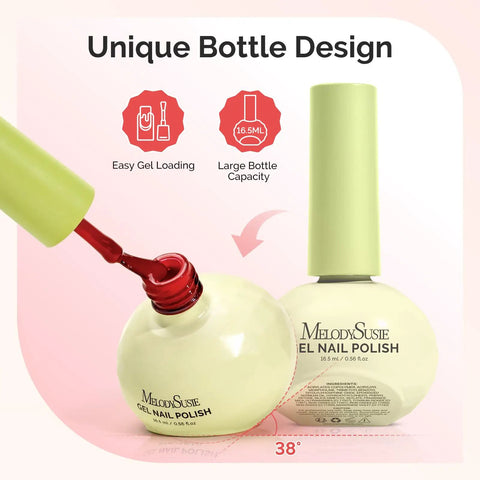 Gel Nail Polish Set Six Pink Nude Shades With Highly Pigmented Color Soak Off UV LED Formula in unique tilt and stand bottle design.
