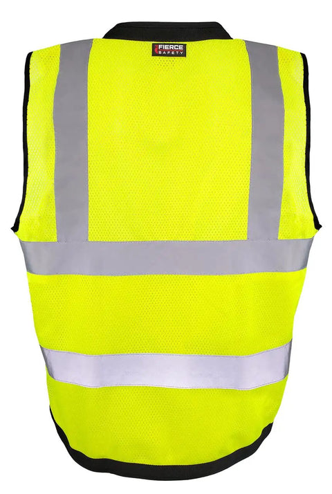 Heavy Duty Green Mesh Surveyors Vest With Loaded Tablet Pockets And Secure Id Sleeve Super Breathable Class Two Compliant Jobsite Safety Gear For Hardcore Seasoned Crews 3XL back view with reflective strips.