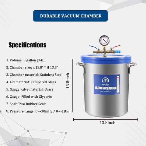 PBAUTOS 9-gallon stainless steel vacuum chamber with blue tempered-glass lid, top gauge, brass valve, two rubber seals