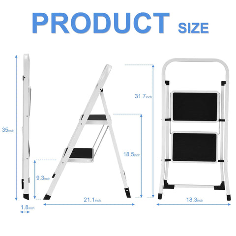 Lightweight 2 Step Folding Ladder For Adults With Anti Slip Pedal And Handrails Portable Steel Step Stool Open and Folded View