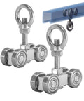 Close-up of Four Wheel Silent Bearing Trolley Assembly For One And Five Eighths Wide Unistrut Strut Channel Includes M10 Bolt and Eye Nuts