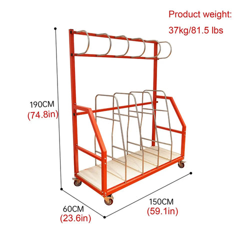 Hardcore Heavy Duty Vertical Panel Cart With Five Partition Board Sorting Rack, Rock Solid Steel Workshop Storage Shelf, Slick Rolling Panel Mover Featuring Locking Casters For Crew Shops And Garage Projects showing dimensions and design.
