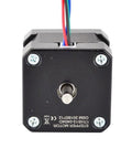 NEMA 17 stepper motor front view with black housing, protruding shaft, and four colored wires.