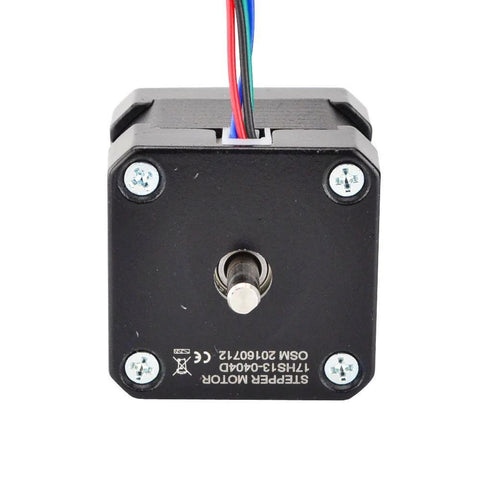 NEMA 17 stepper motor front view with black housing, protruding shaft, and four colored wires.
