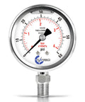 Carbo Instruments 2-1/2 in pressure gauge, stainless wetted parts, 0–60 psi, liquid-filled, lower 1/4 in NPT, front view.
