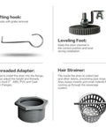 Lifting hook, leveling foot, threaded adapter, and hair strainer for 36 Inch Offset Linear Shower Drain With Side Outlet And Quadrato Grate Cover Brushed 304 Stainless Steel Rectangle Floor Drain With Leveling Feet And Hair Strainer Catcher For Easy Install Heavy Duty.
