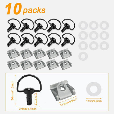 No Sweat 1/4 Turn Quick Release Fasteners With Universal D Ring Clips For Car Panel Trim and Bike Fairings That Actually Hold Firm Includes Ten Heavy Duty Iron Pieces Built Like A Tank, 10 packs with clips and washers.