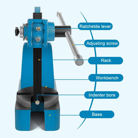 Rock Solid Heavy Duty 3 Ton Manual Arbor Press Built Like A Tank Cast Iron Desktop Riveting And Hole Punching Machine with parts labeled.