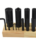 Expanding Arbors Set For Lathe And Milling Eight Piece Ring Mandrels From Quarter Inch To One And A Quarter Inch With Quick Expansion To Five Thousandths Inch Includes Alloy Wrenches And Wooden Stand For Precise Machining displayed on wooden stand