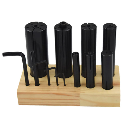 Expanding Arbors Set For Lathe And Milling Eight Piece Ring Mandrels From Quarter Inch To One And A Quarter Inch With Quick Expansion To Five Thousandths Inch Includes Alloy Wrenches And Wooden Stand For Precise Machining displayed on wooden stand